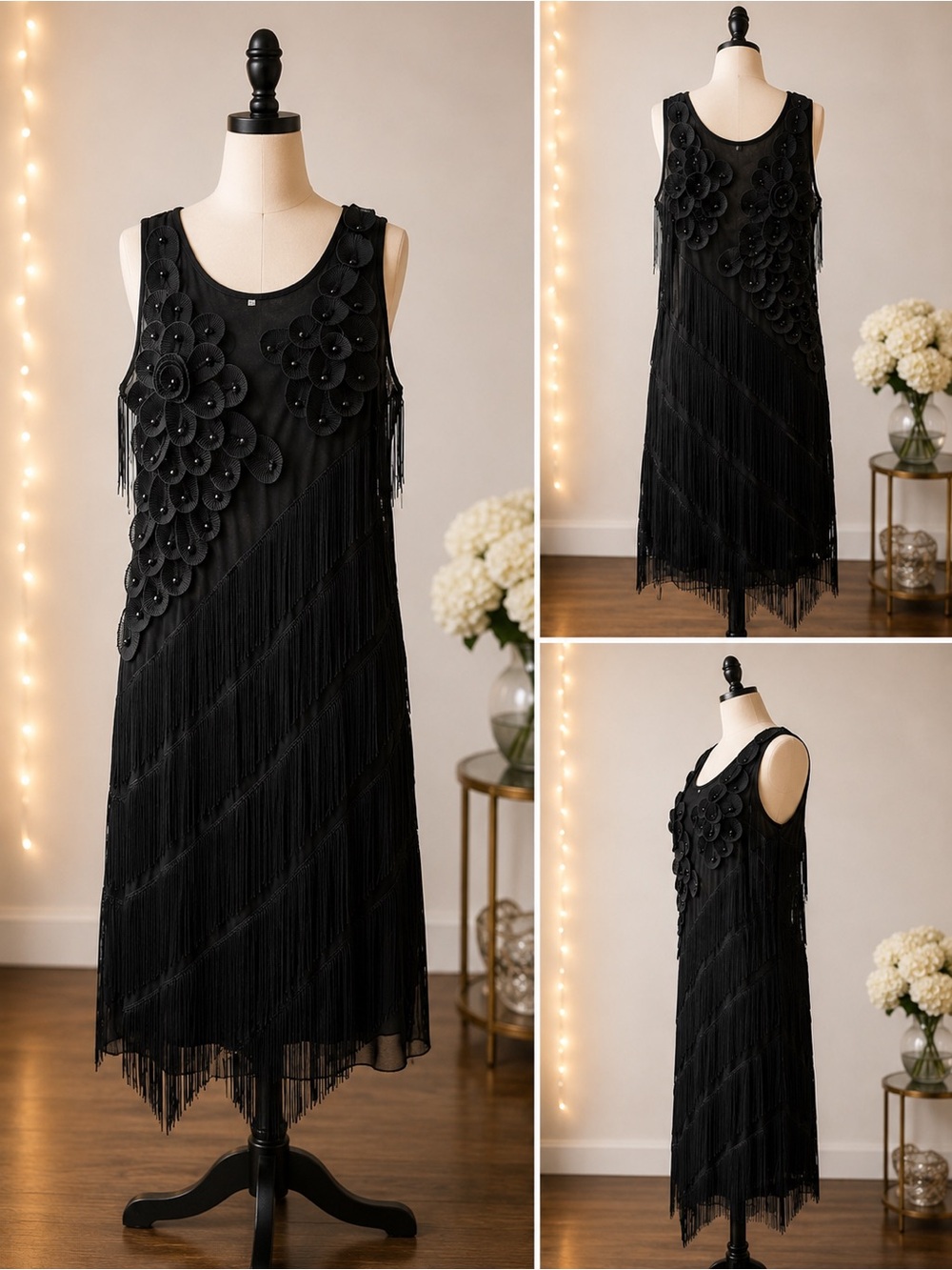 Women’s Black Fringe & Rosette Flapper-Style Dress